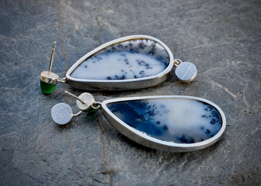 Green and Dendritic Agate and Rose Quartz Silver Earrings
