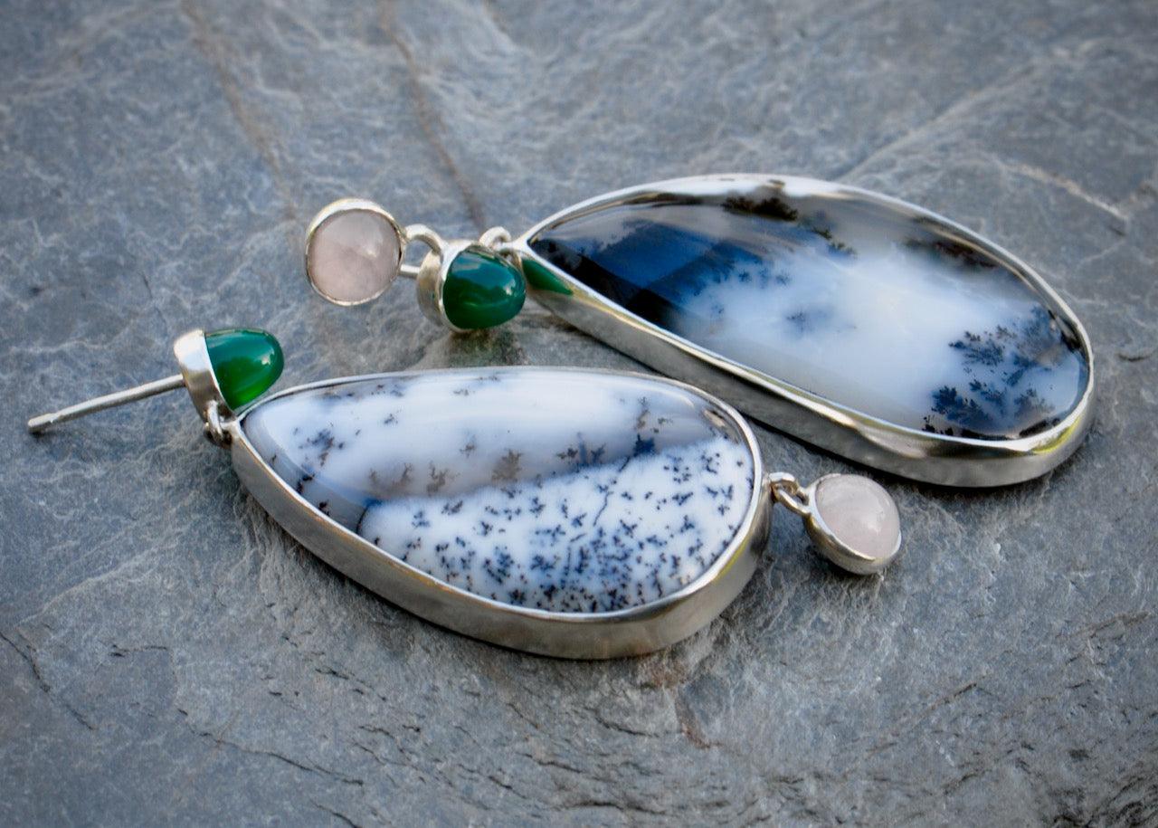 Green and Dendritic Agate and Rose Quartz Silver Earrings