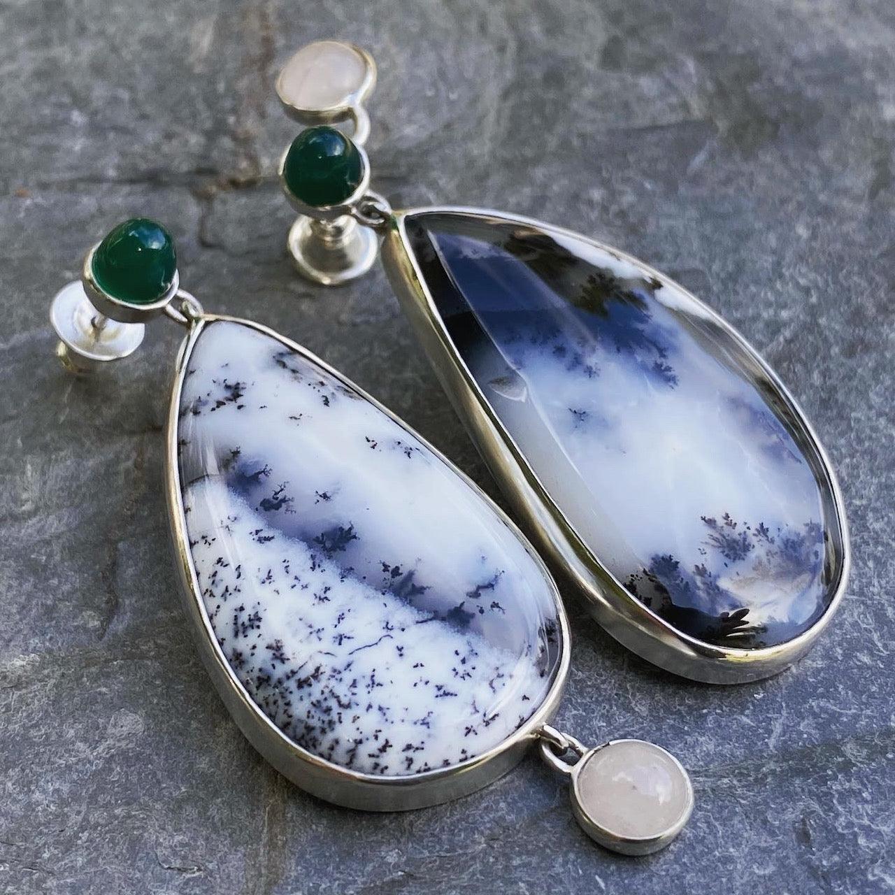 Green and Dendritic Agate and Rose Quartz Silver Earrings