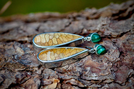 Fossilised Coral and Malachite Silver Earrings