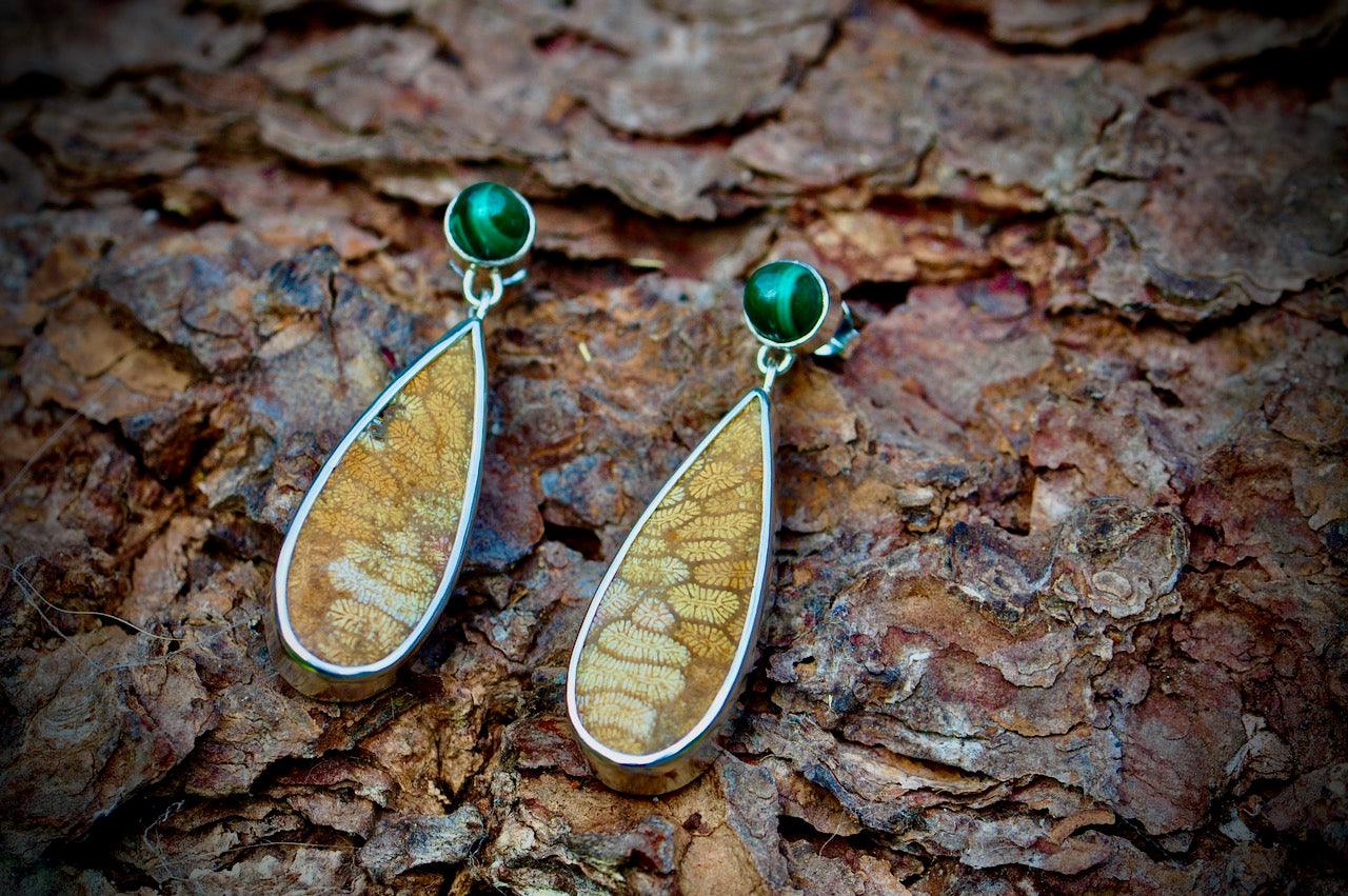 Fossilised Coral and Malachite Silver Earrings