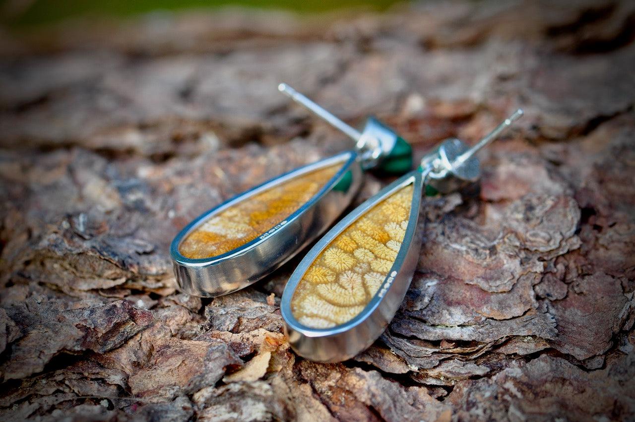 Fossilised Coral and Malachite Silver Earrings