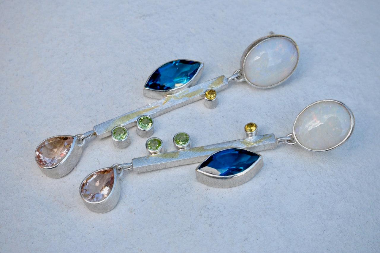 Opal, Blue Topaz, Citrine, Peridot and Morganite Silver Earrings with Keum Boo