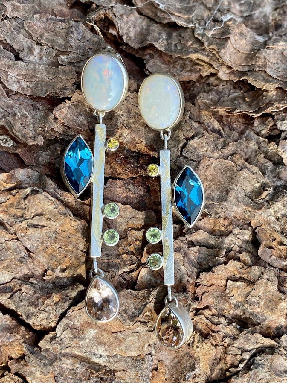 Opal, Blue Topaz, Citrine, Peridot and Morganite Silver Earrings with Keum Boo