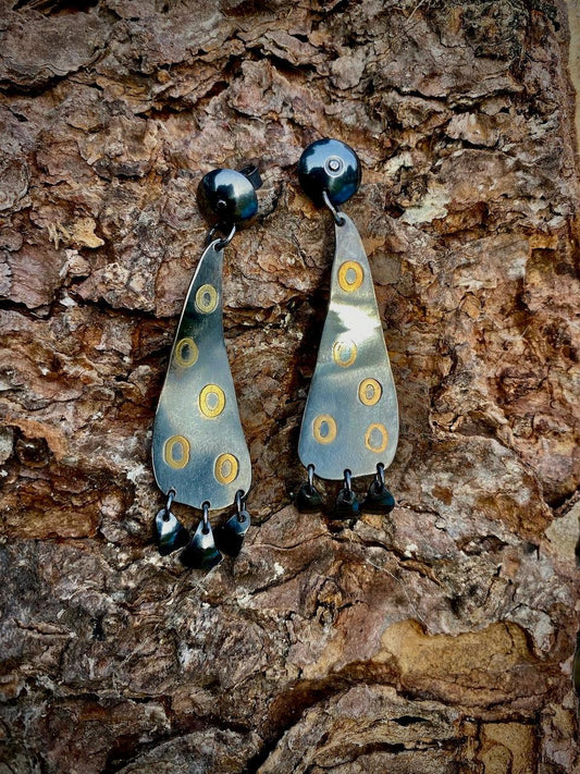 Patinated Silver Earrings with 18ct Gold Inlay