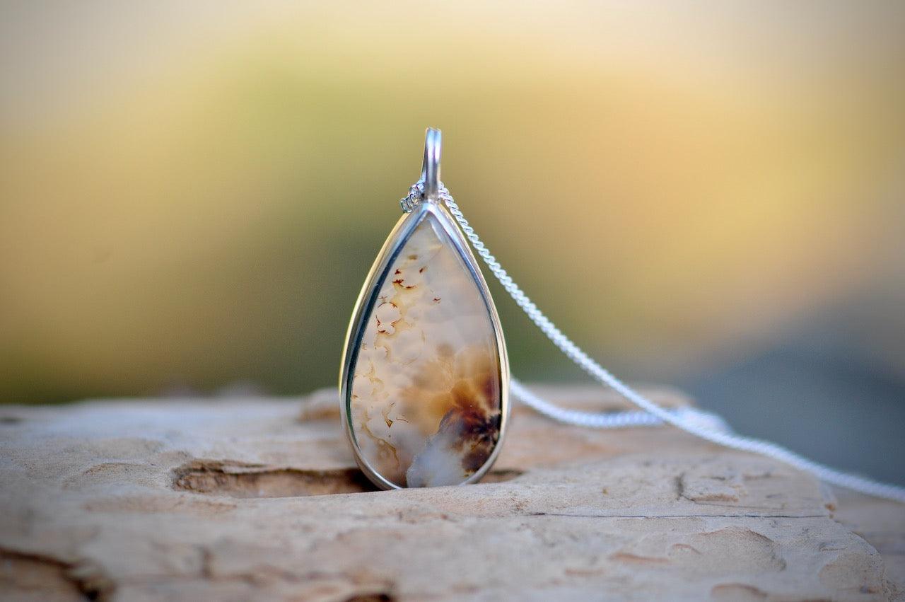Dendritic Agate Silver pendant on silver chain