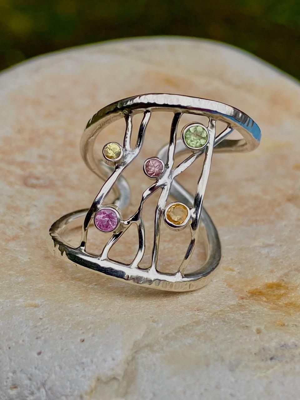 Yellow and Pink Sapphire, Citrine and Peridot Silver Ring