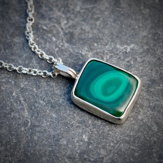 Malachite 'Love' silver pendant on silver chain