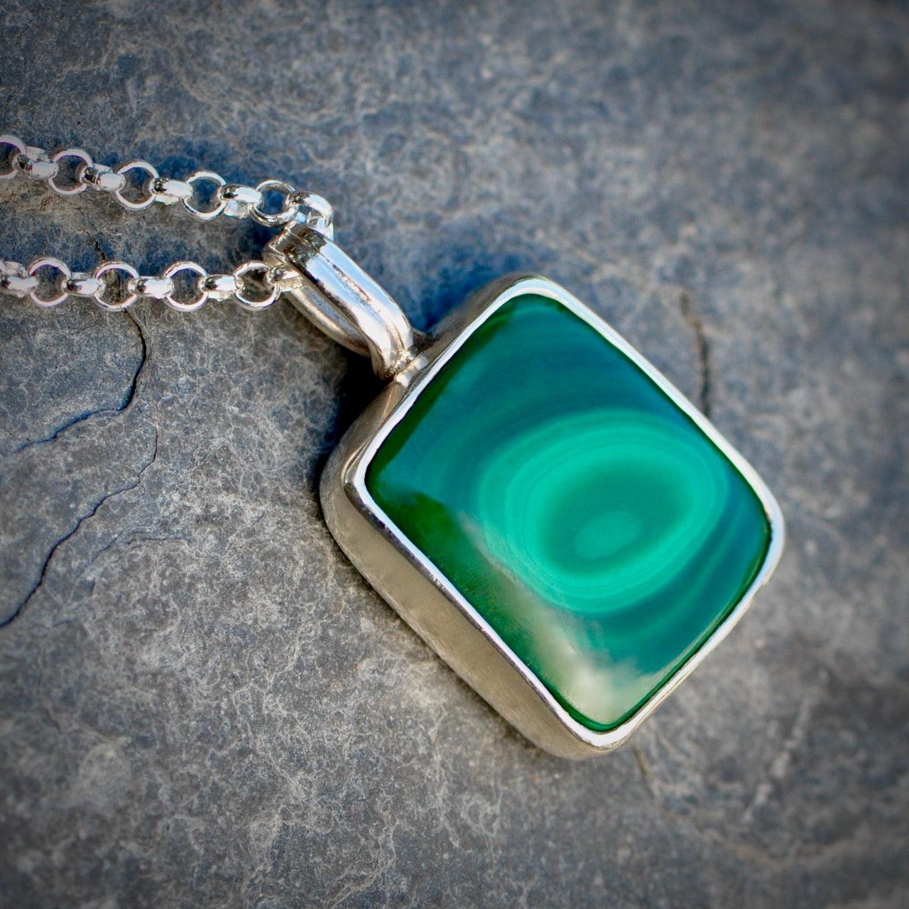 Malachite 'Love' silver pendant on silver chain