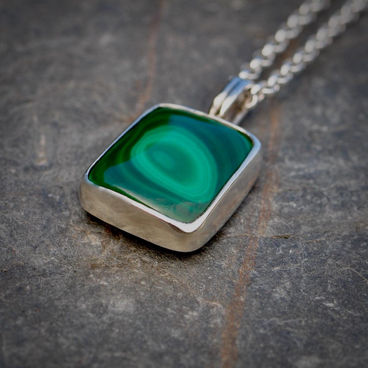 Malachite 'Love' silver pendant on silver chain
