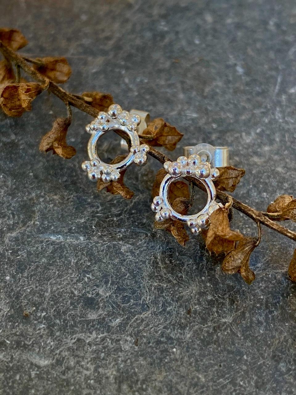 Sterling Silver Dew Circle Stud Earrings with Granulation