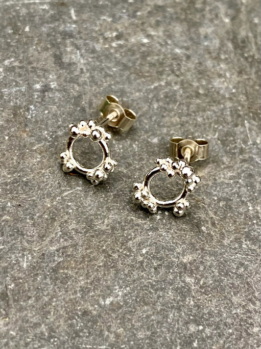 Sterling Silver Dew Circle Stud Earrings with Granulation