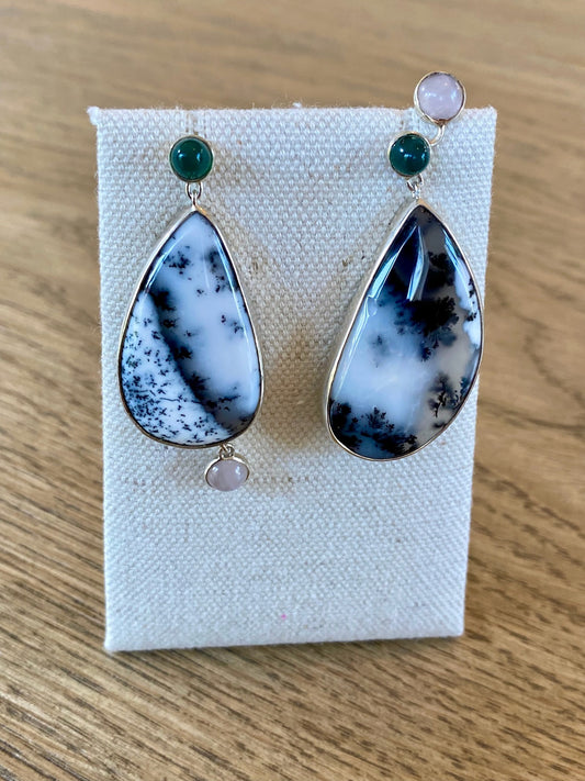 Green and Dendritic Agate and Rose Quartz Silver Earrings