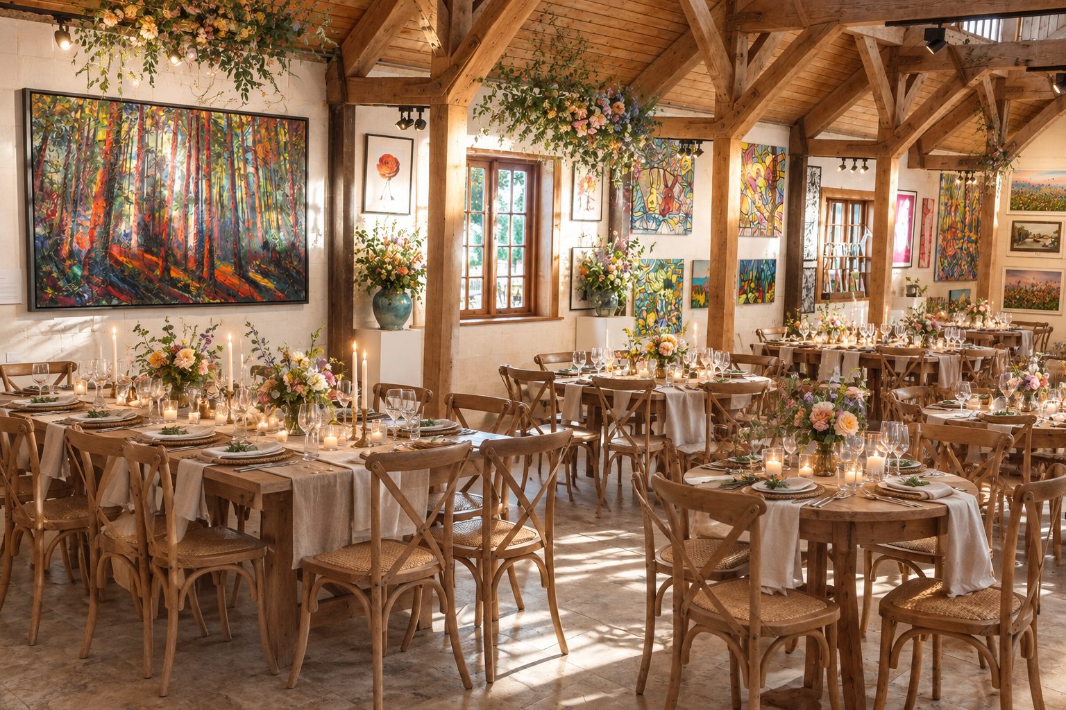 Long wooden tables set with flowers and candles among colourful artwork inside the Palais
