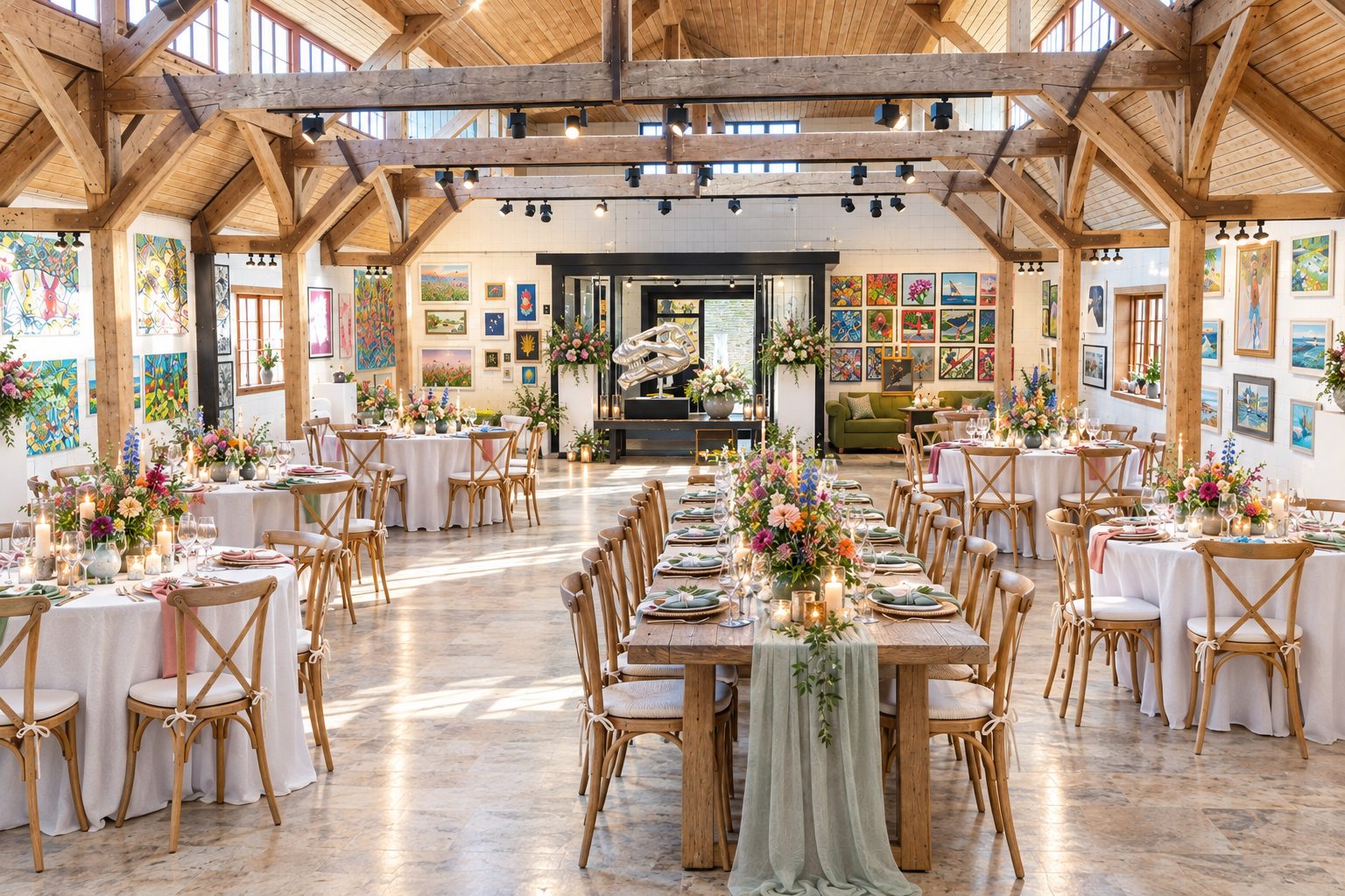 The Palais hall laid for a wedding breakfast beneath timber beams